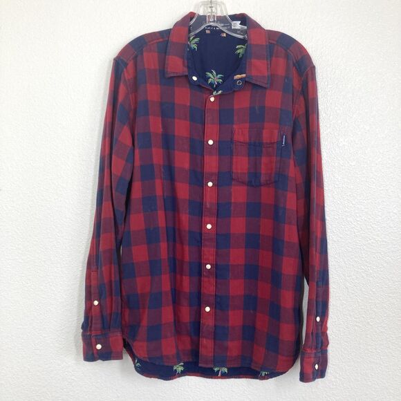 Chubbies Shirt Mens Large Red Blue Plaid Flannel Reversible Palm Tree Casual - Picture 1 of 12